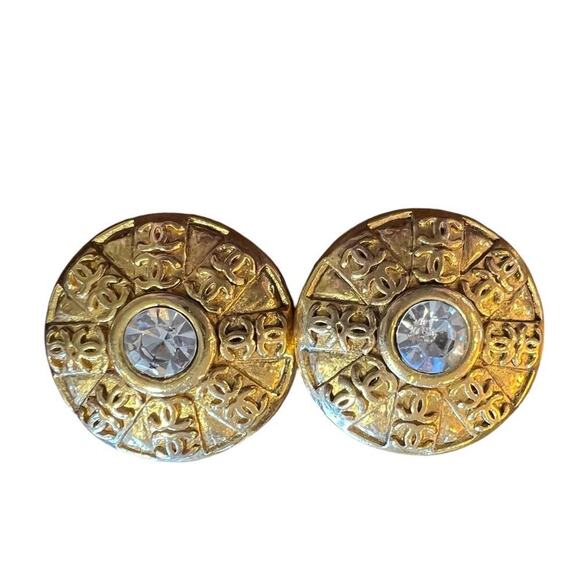 CHANEL Vintage 1988 CC Logos Button Motif Bijou Stone Earrings Clip-On 23 - Picture 2 of 7